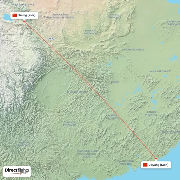 Jieyang - Xining direct flight map