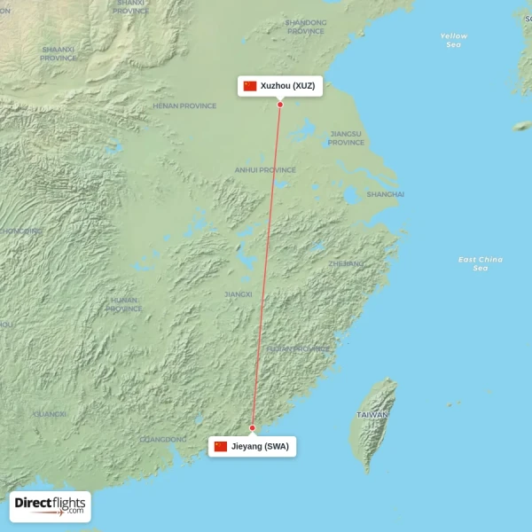 Jieyang - Xuzhou direct flight map