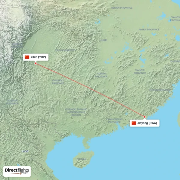 Jieyang - Yibin direct flight map