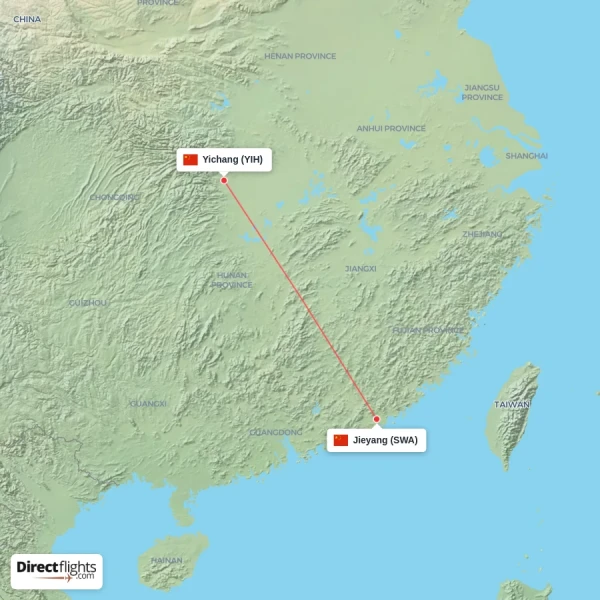 Jieyang - Yichang direct flight map