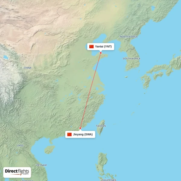 Jieyang - Yantai direct flight map