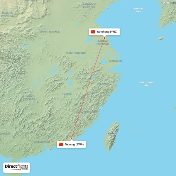 Jieyang - Yancheng direct flight map