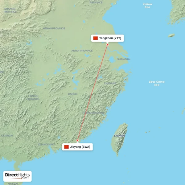Jieyang - Yangzhou direct flight map