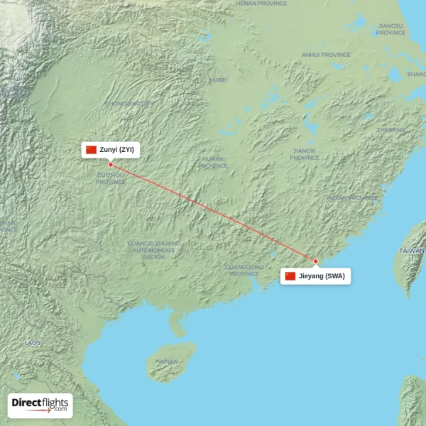 Jieyang - Zunyi direct flight map