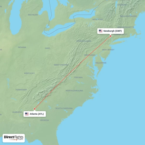 Newburgh - Atlanta direct flight map