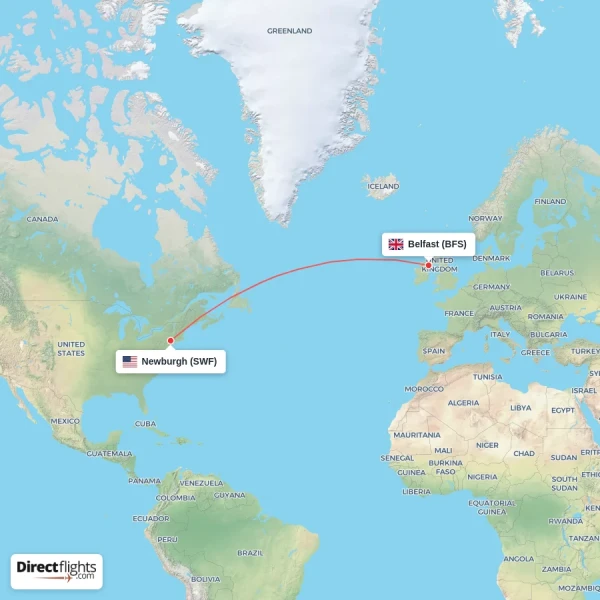Newburgh - Belfast direct flight map