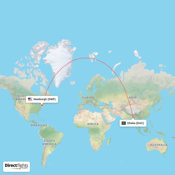 Newburgh - Dhaka direct flight map