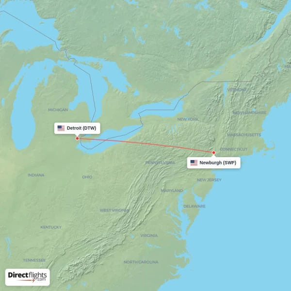 Newburgh - Detroit direct flight map