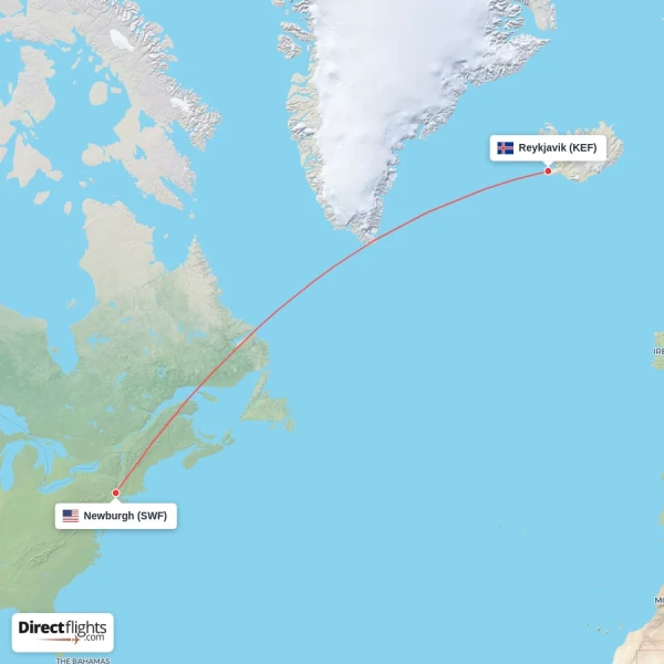 Newburgh - Reykjavik direct flight map