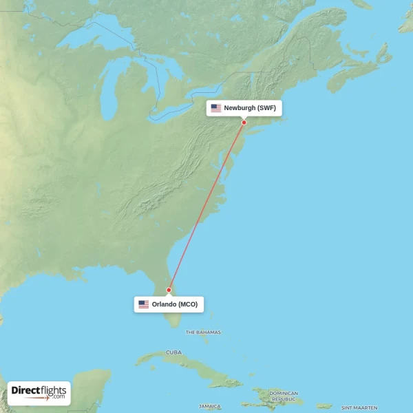Newburgh - Orlando direct flight map