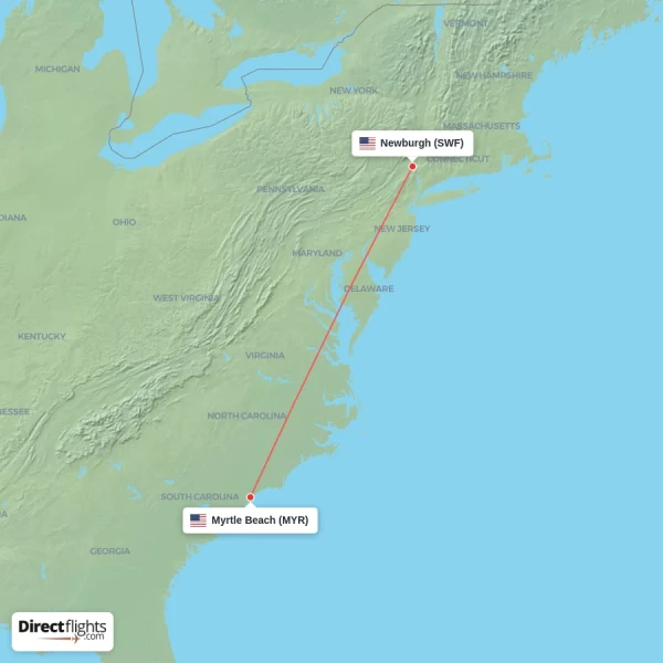 Newburgh - Myrtle Beach direct flight map