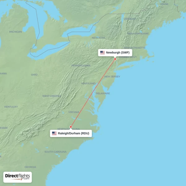 Newburgh - Raleigh/Durham direct flight map