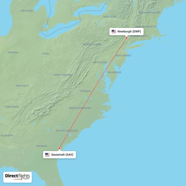 Newburgh - Savannah direct flight map