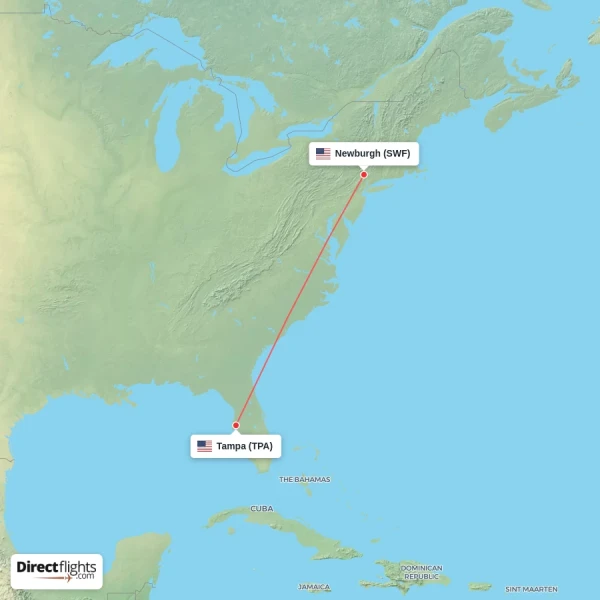 Newburgh - Tampa direct flight map