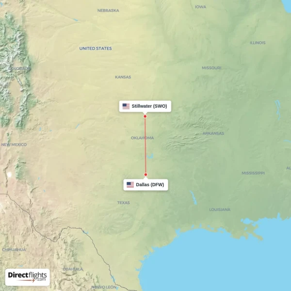 Stillwater - Dallas direct flight map