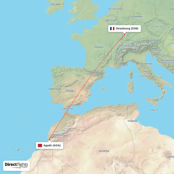 Strasbourg - Agadir direct flight map