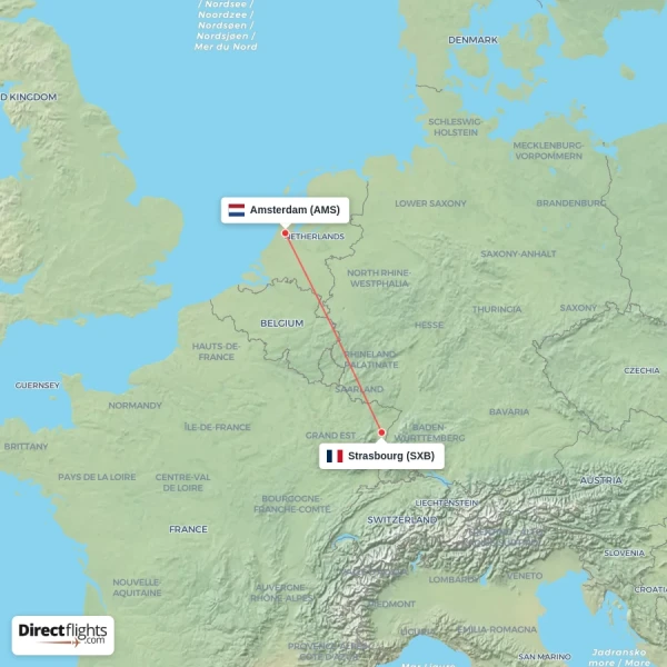 Strasbourg - Amsterdam direct flight map