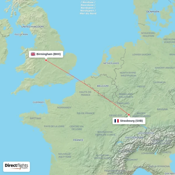 Strasbourg - Birmingham direct flight map