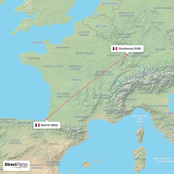 Strasbourg - Biarritz direct flight map