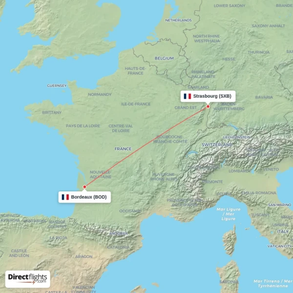 Strasbourg - Bordeaux direct flight map