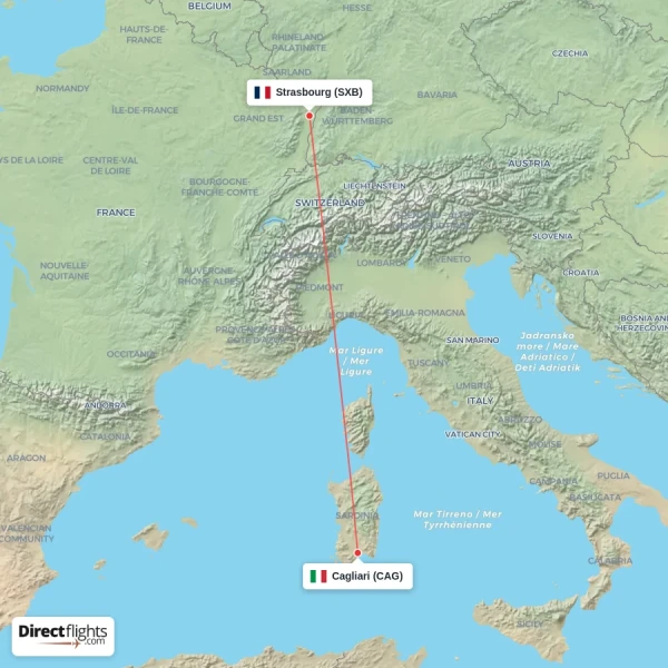 Strasbourg - Cagliari direct flight map