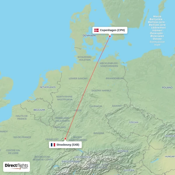 Strasbourg - Copenhagen direct flight map