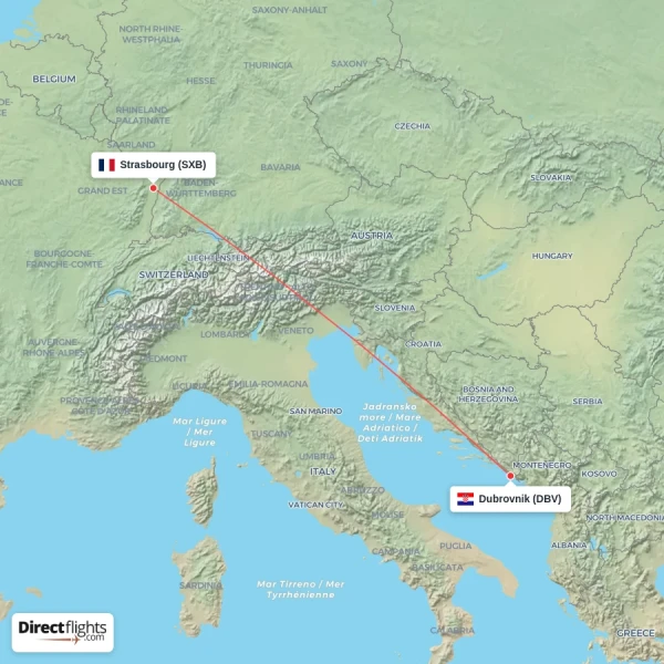 Strasbourg - Dubrovnik direct flight map