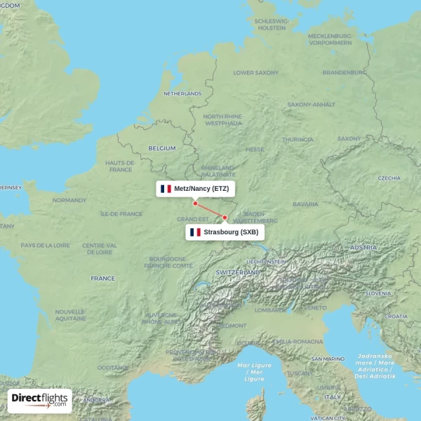 Strasbourg - Metz/Nancy direct flight map