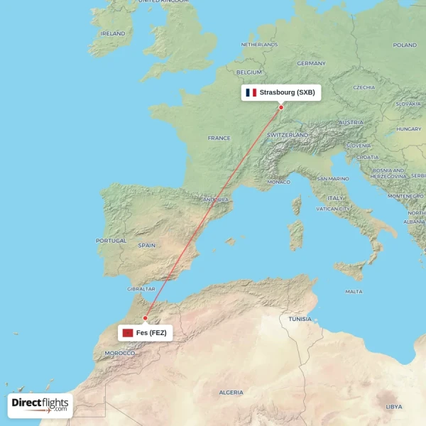 Strasbourg - Fes direct flight map