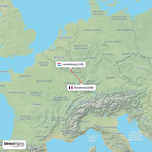 Strasbourg - Luxembourg direct flight map