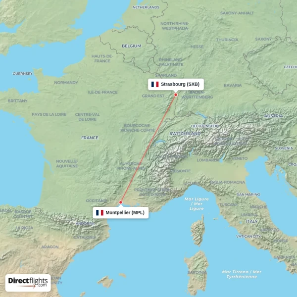 Strasbourg - Montpellier direct flight map