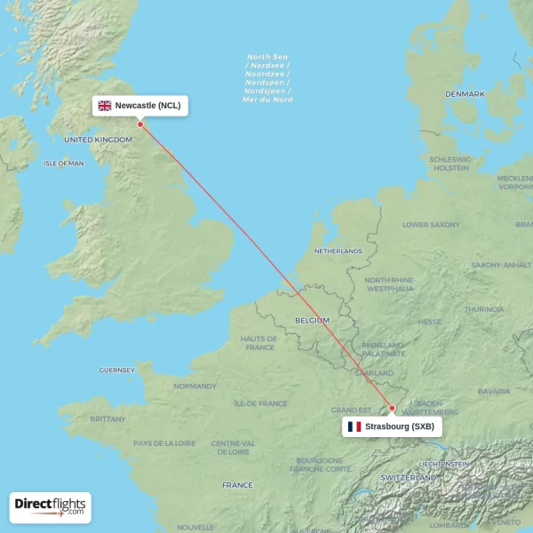Strasbourg - Newcastle direct flight map