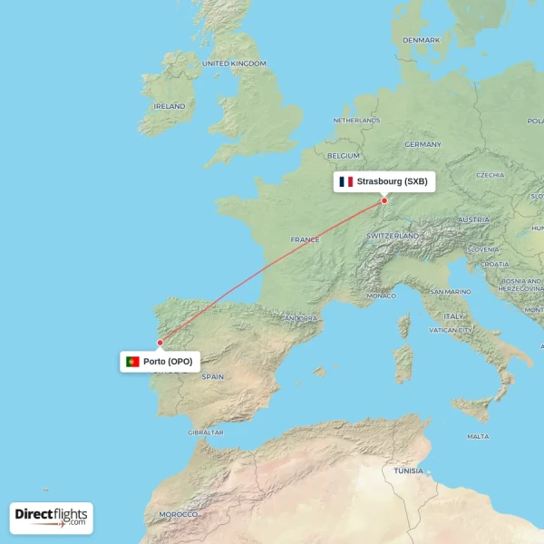 Strasbourg - Porto direct flight map