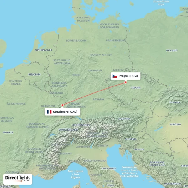 Strasbourg - Prague direct flight map