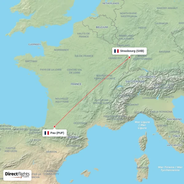 Strasbourg - Pau direct flight map