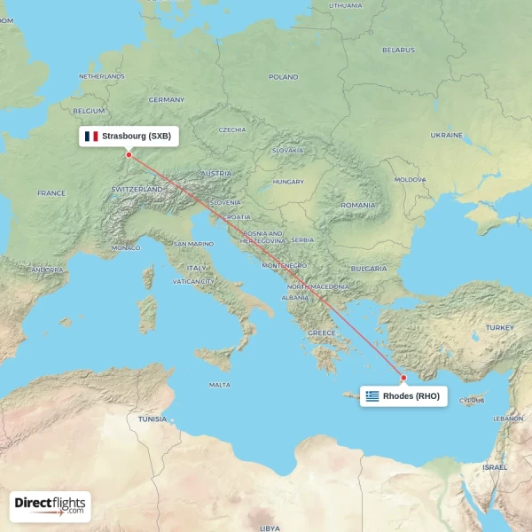 Strasbourg - Rhodes direct flight map