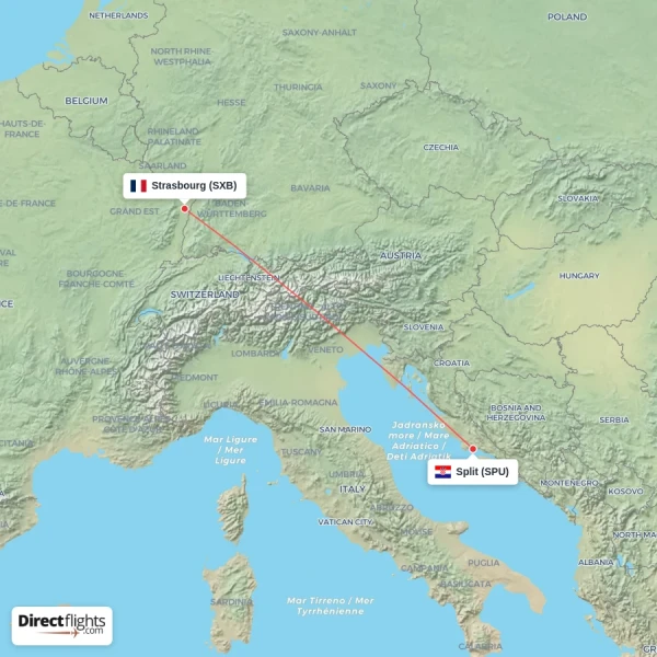 Strasbourg - Split direct flight map