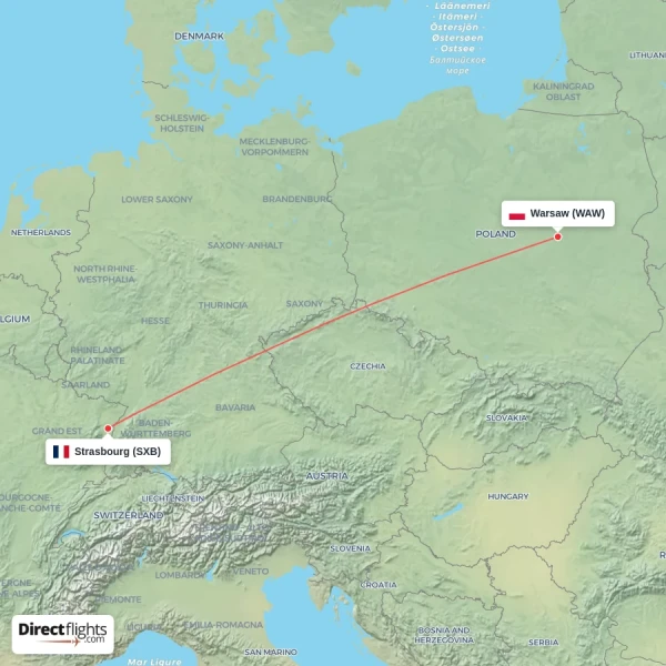 Strasbourg - Warsaw direct flight map