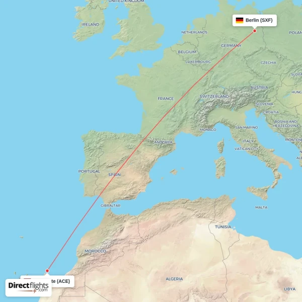 Berlin - Lanzarote direct flight map