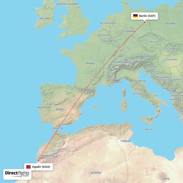 Berlin - Agadir direct flight map