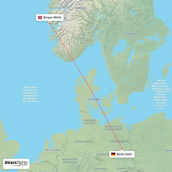Berlin - Bergen direct flight map