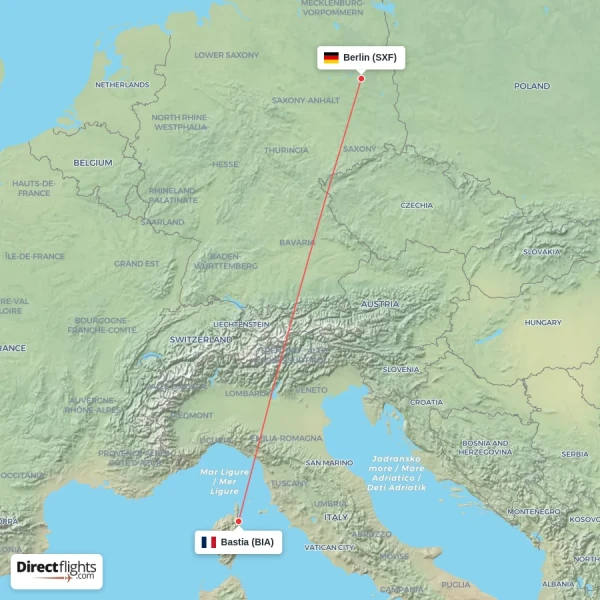 Berlin - Bastia direct flight map