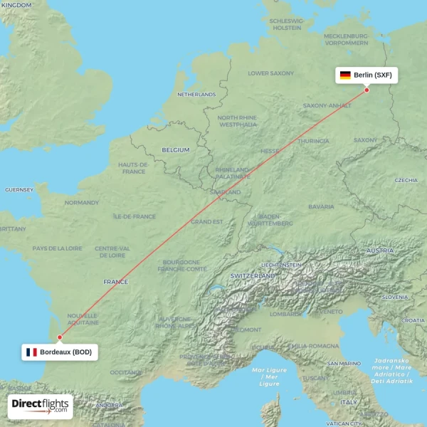 Berlin - Bordeaux direct flight map