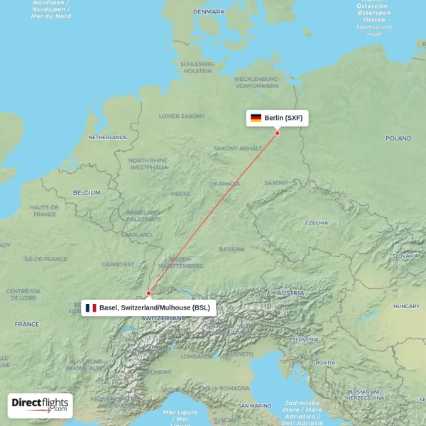 Berlin - Basel, Switzerland/Mulhouse direct flight map