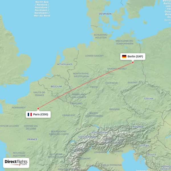 Berlin - Paris direct flight map