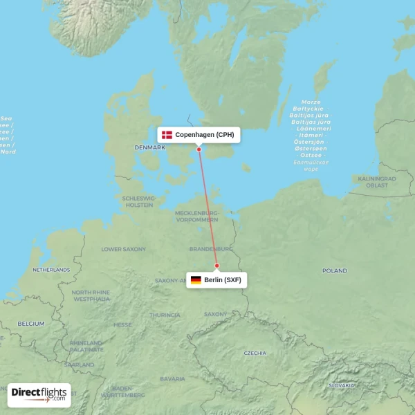 Berlin - Copenhagen direct flight map