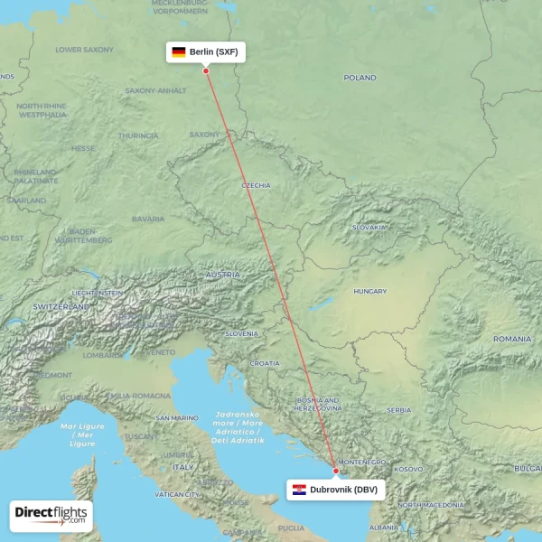 Berlin - Dubrovnik direct flight map