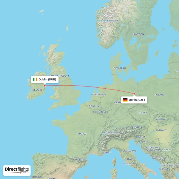 Berlin - Dublin direct flight map