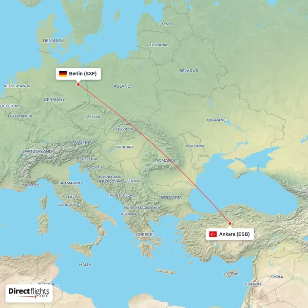 Berlin - Ankara direct flight map
