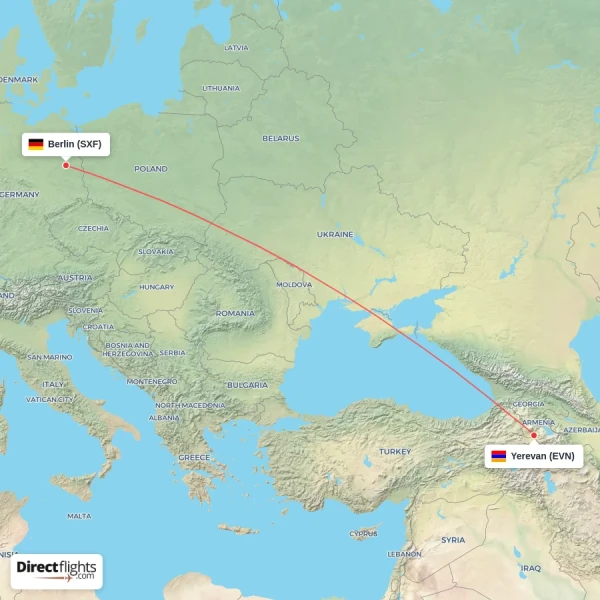 Berlin - Yerevan direct flight map